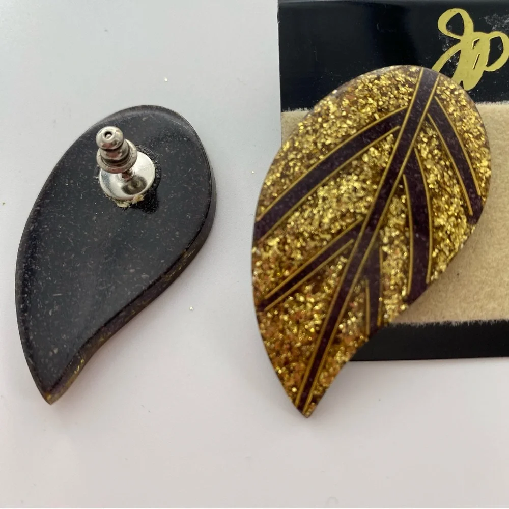 Gold and Brown Leaf Earrings Enamel Sparkly Pierced Post Autumn Fall